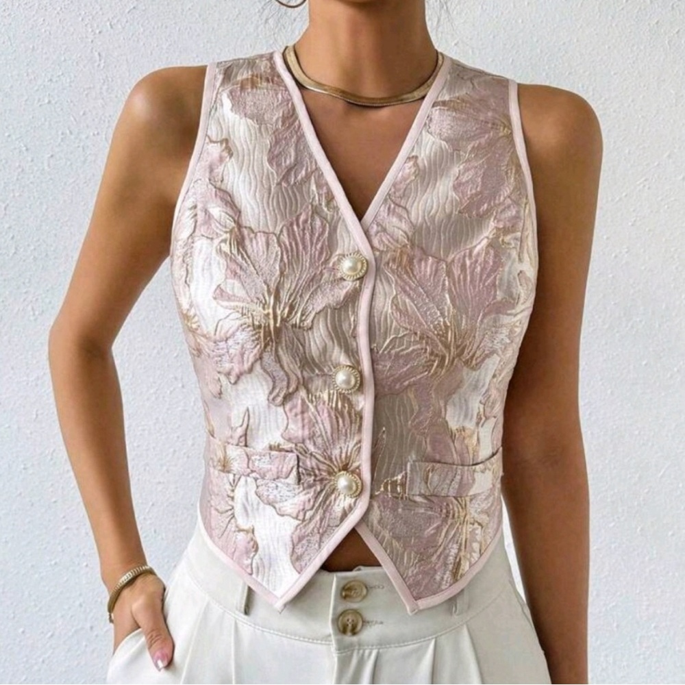 Pale Pink, gold and cream Embellished V-Neck Sleeveless Top/ vest